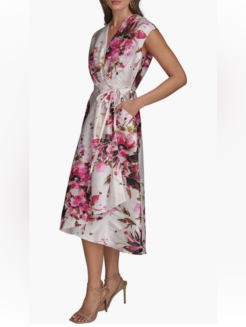 Donna Karan New York Floral Tiered Dupioni Wrap Dress Size 2 Ivory Pink NWT $179 - Picture 3 of 16